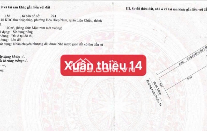 Bán đất đường Xuân Thiều 14 - gần biển  -DT: 100m2 (5x20)m kẹp cống bên hông xây nhà thoáng mát
